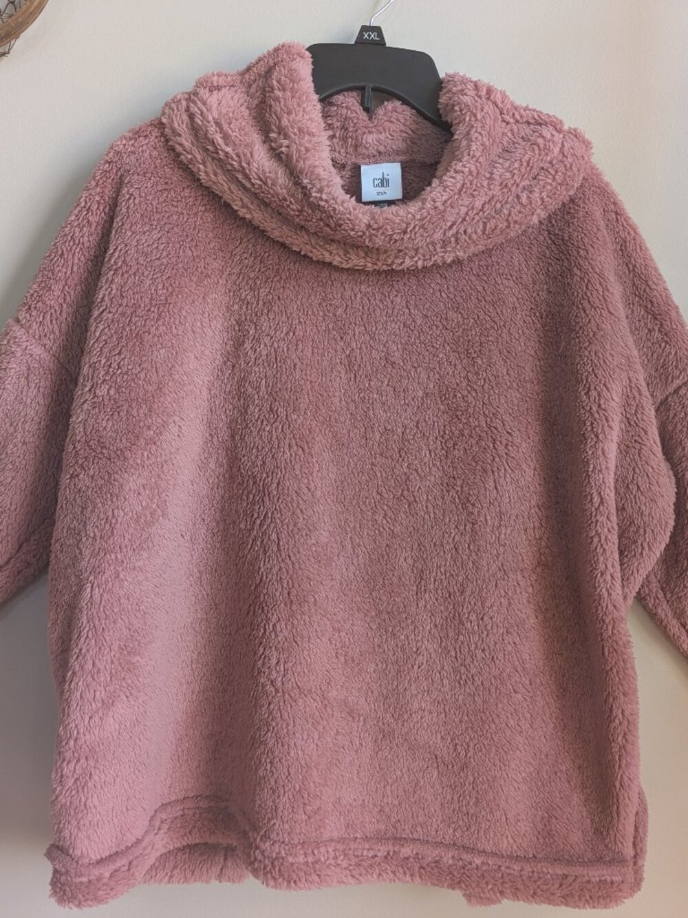 Cabi Teddy Cowl Rose Pink Sherpa Fleece Crossover Tulip Back Pullover XS/S #586